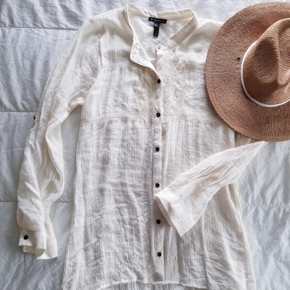 Romantic Linen & Lace ◇ Cream Boho Button Down Tunic